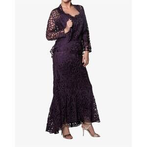NEW SOULMATES lace beaded 3 piece jacket top skirt dress set in eggplant